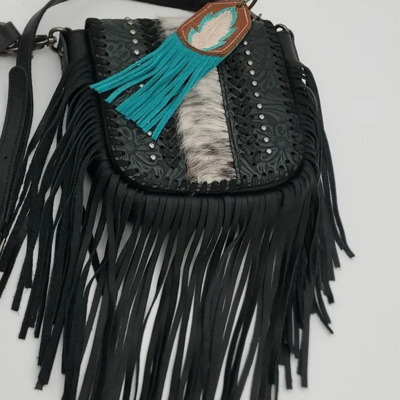 Fringe crossbody purse bag black floral western tooled imported leather fur OS - Picture 3 of 6